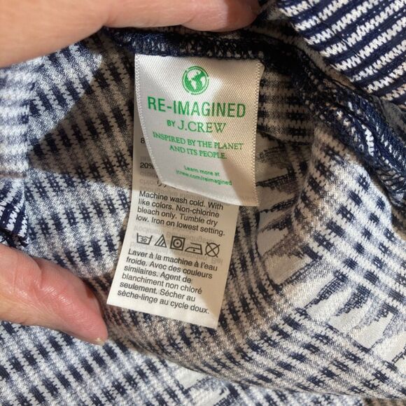 J Crew Blouse XS Navy Re-Imagined Ruffle Neck Button Up Stripe Geometric Design - Picture 7 of 11